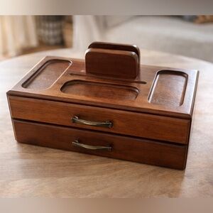 Vintage MCM Gentleman’s Wooden Valet Box Organizer Desk Caddy Phone Catchall